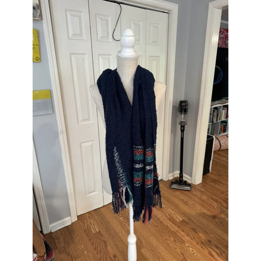 NWT MIXIT JCP Classics Navy Teal & Coral Plaid Oblong Fringe Scarf 24X72
